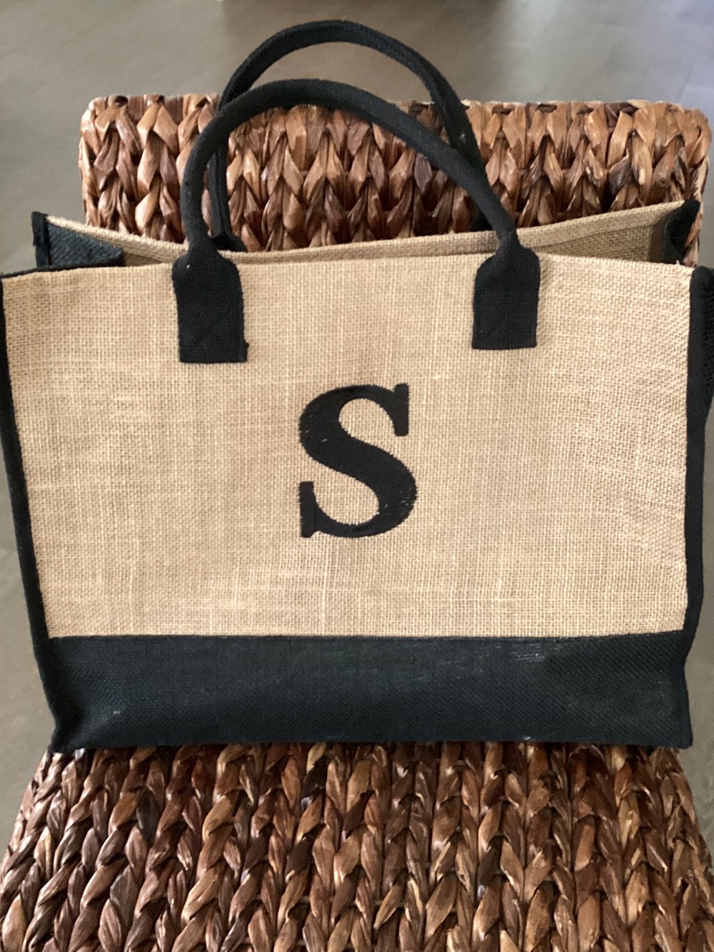 Monogram 'S' Natural and Black Jute Tote